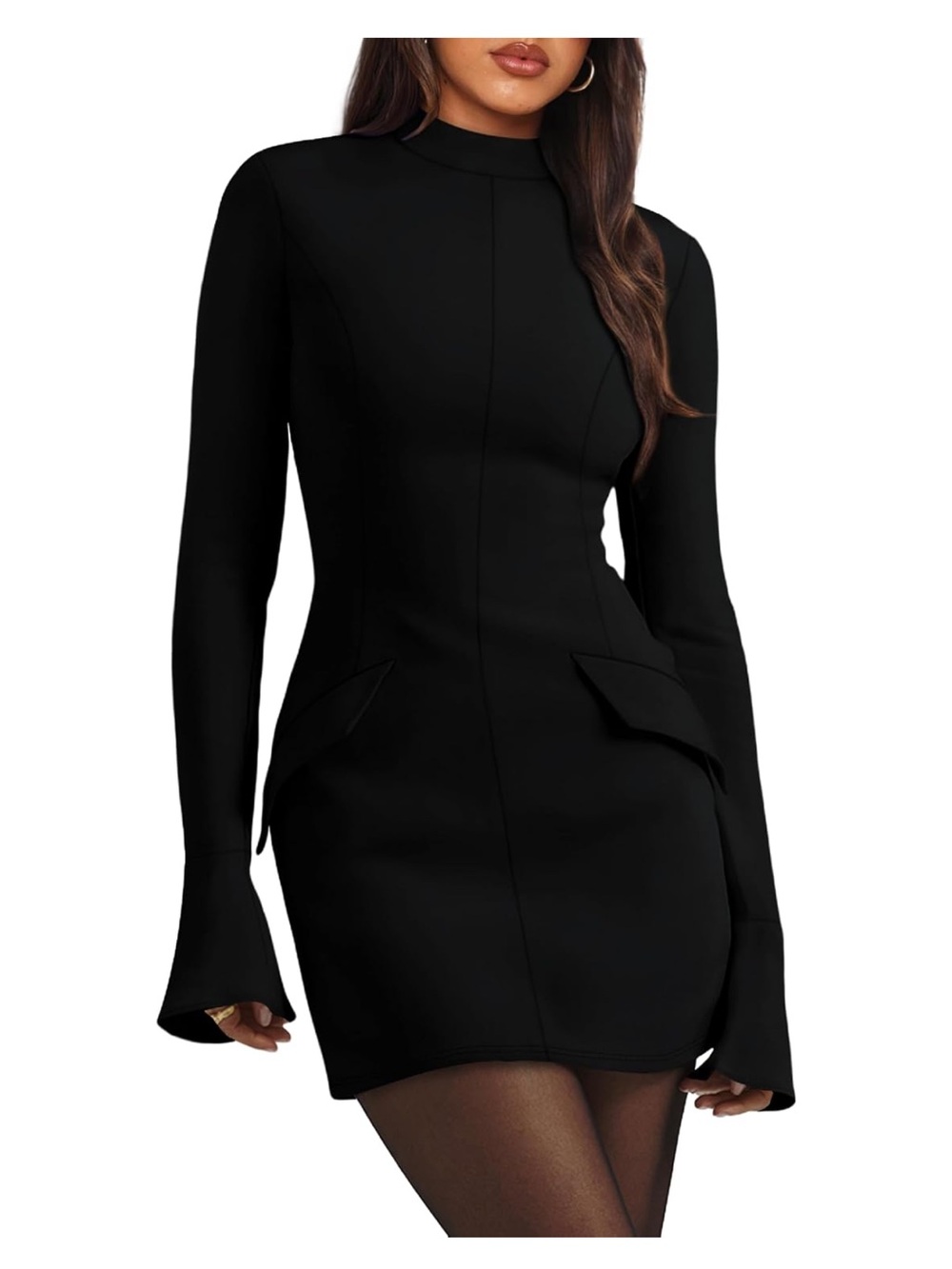 OFEEFAN Long Sleeve Mock Neck Dress